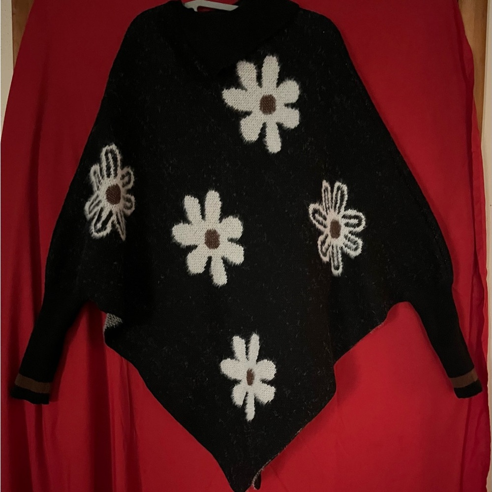 Floral Black Sweater Poncho